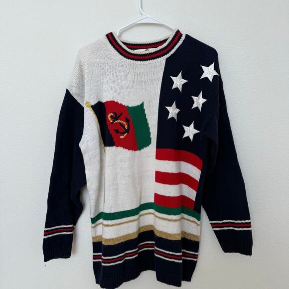 Vintage 90s American Flag Patriotic Sweater Nautical Medium Red White Blue - Picture 1 of 7